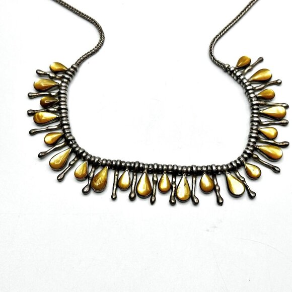 Vintage 1970s-80s Sterling Silver and Golden Mother of Pearl Fringe Bib Necklace - Picture 10 of 12